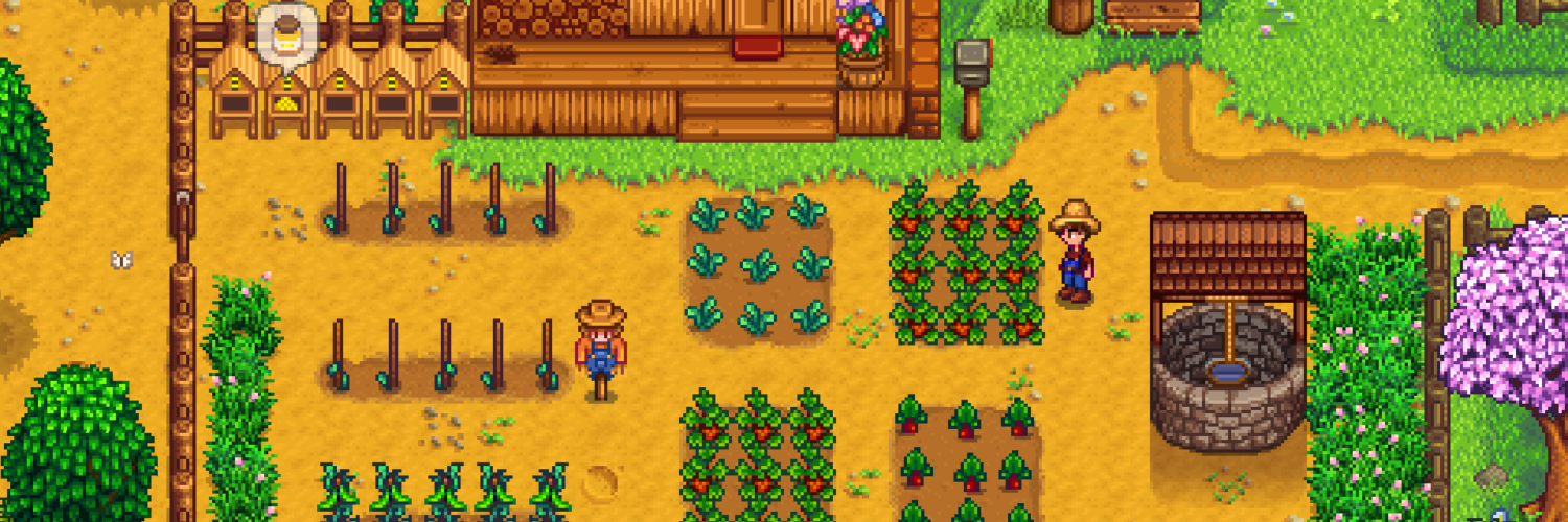 A Stardew Valley farm with crops and buildings during daytime.