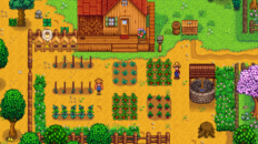 A Stardew Valley farm with crops and buildings during daytime.