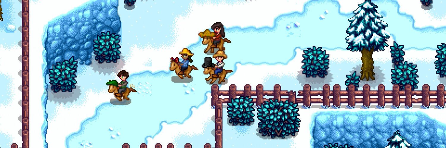 Stardew Valley players fishing through the ice at a winter event.