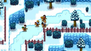 Stardew Valley players fishing through the ice at a winter event.