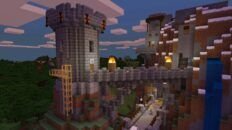 Minecraft players build a castle and watchtower into a hillside.