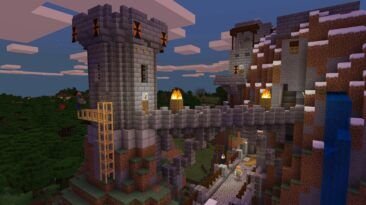 Minecraft players build a castle and watchtower into a hillside.