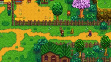 Stardew Valley players beside trees and a tree stump.