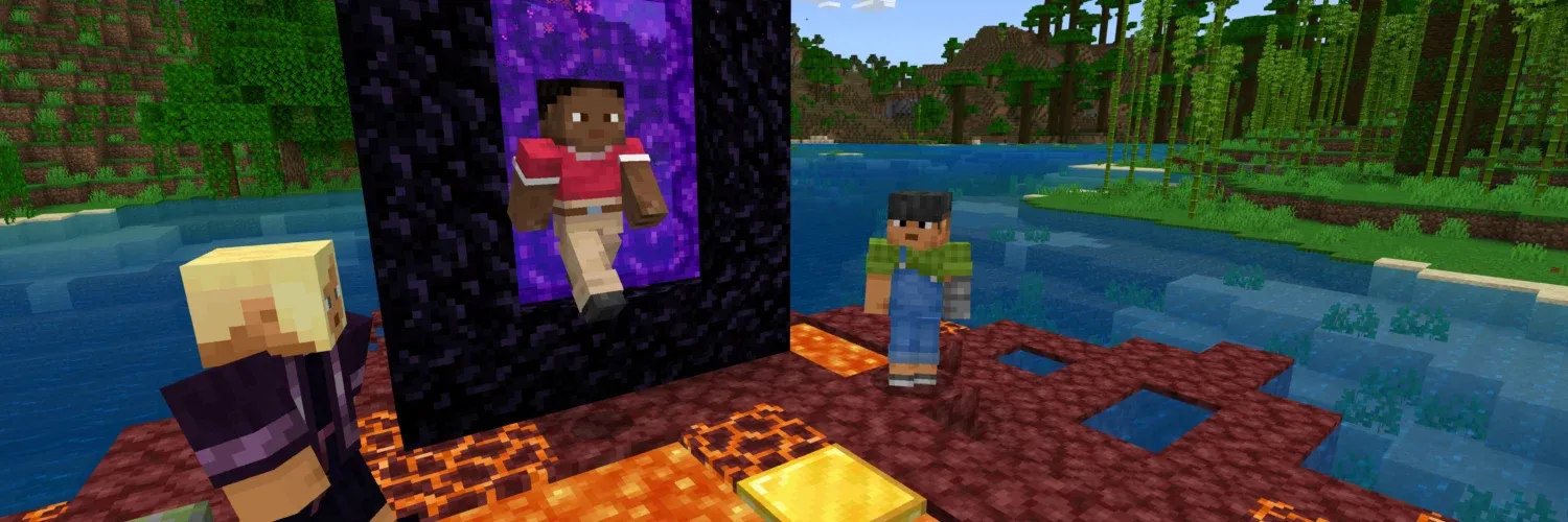 Three Minecraft players step out of a Nether portal into the Overworld.