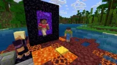 Three Minecraft players step out of a Nether portal into the Overworld.