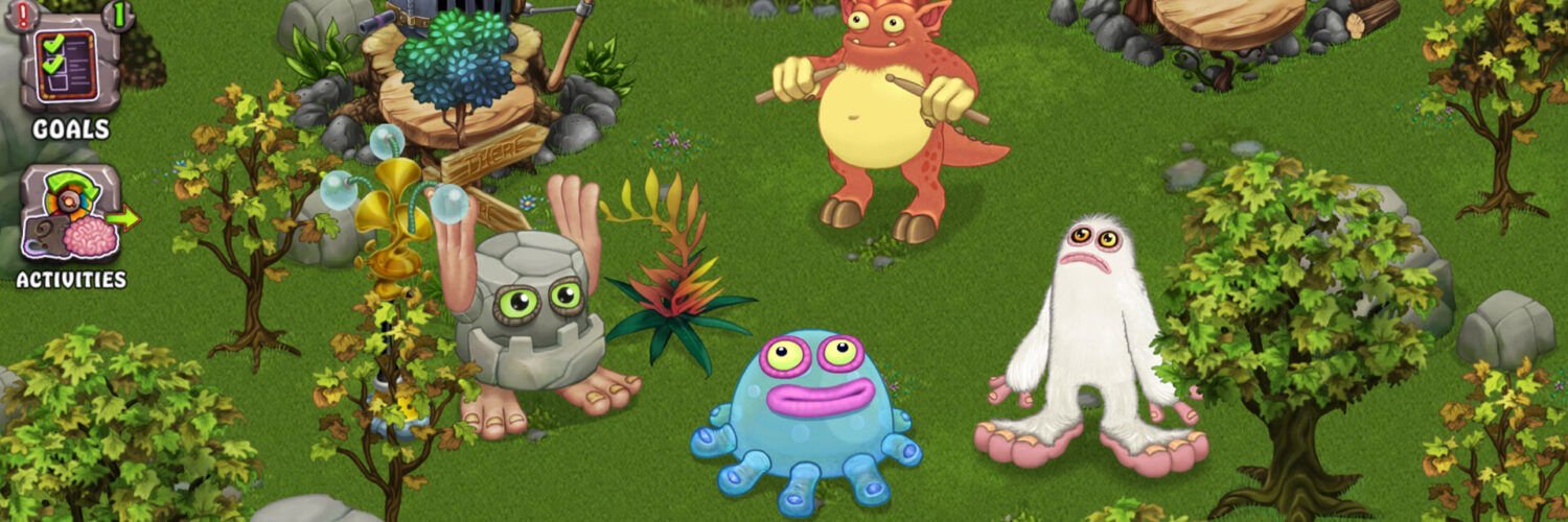 My Singing Monsters gameplay showing monsters on Plant Island and the game controls.