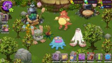 My Singing Monsters gameplay showing monsters on Plant Island and the game controls.