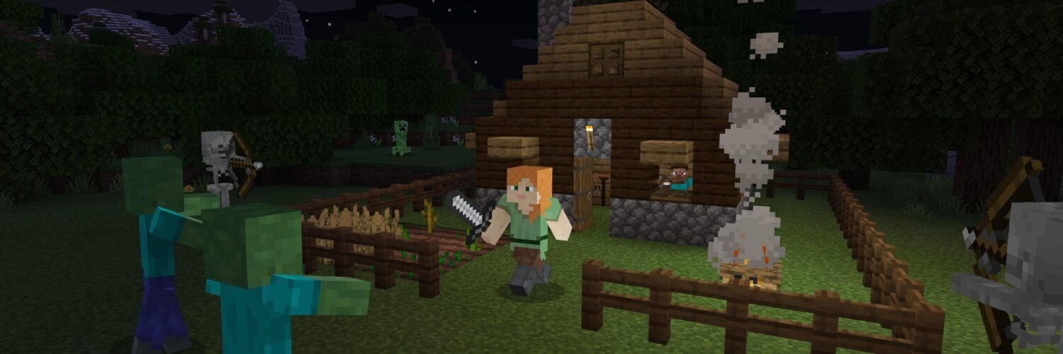 Zombies, skeletons and creepers approach a Minecraft house defended by Steve and Alex.