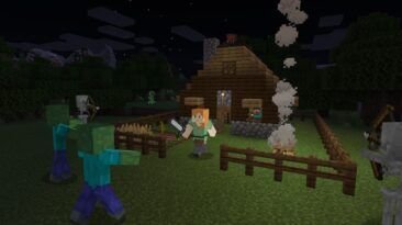Zombies, skeletons and creepers approach a Minecraft house defended by Steve and Alex.