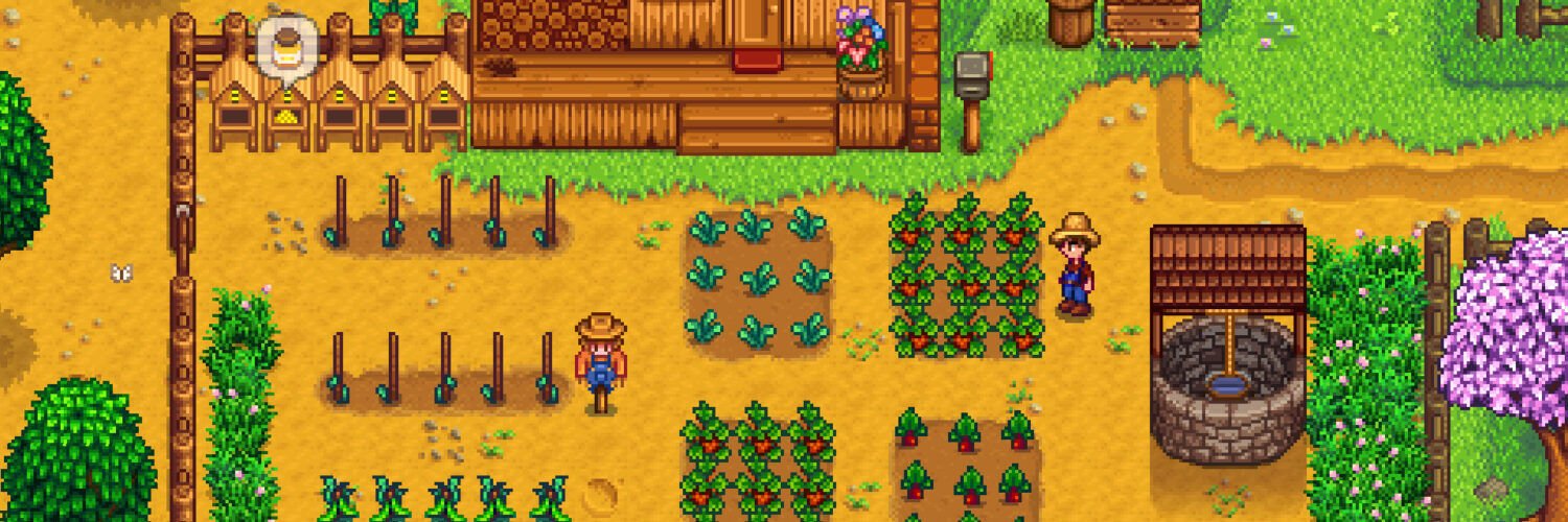 Stardew Valley farm with tilled soil, crops and crafting equipment.