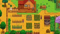 Stardew Valley farm with tilled soil, crops and crafting equipment.