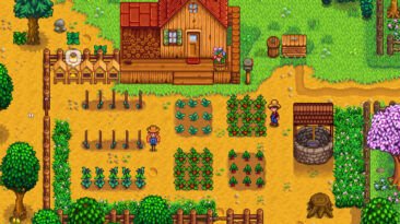 Stardew Valley farm with tilled soil, crops and crafting equipment.